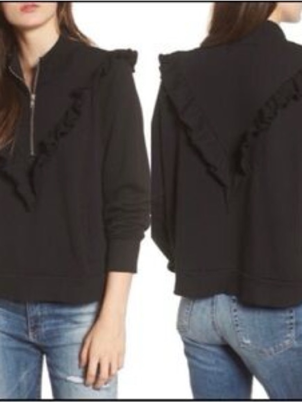 Wildfox Black Ruffle Half-Zip Sweatshirt